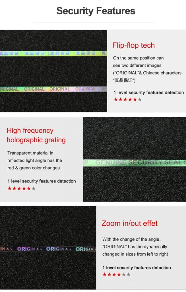 self adhesive tear tape with flip flop, holographic grating and zoom in out