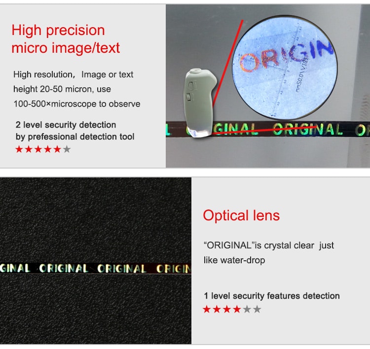 tear tape with micro text and optical lens technology
