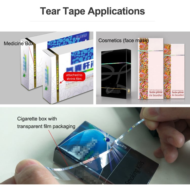 Tear tape for medicine, cigarette and cosmetic box