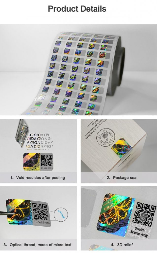 hologram sticker that print qr code, serial and scratch qr code, Void Tamper Evident Material