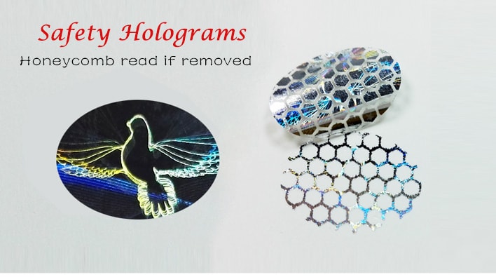 hologram tamper evident security labels, honeycomb pattern read if removed