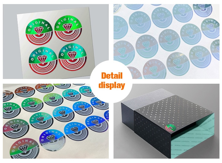 circle adhesive holographic label, affixed to brand package box