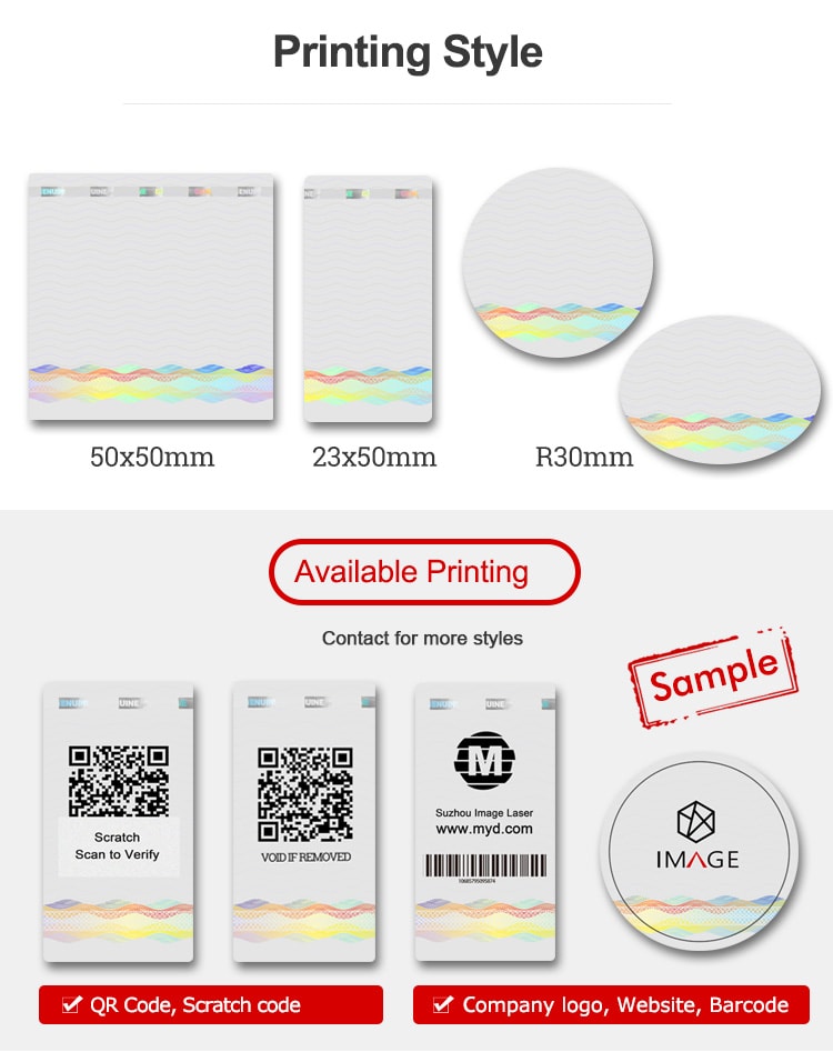 hologram sticker with various sizs and printing informations