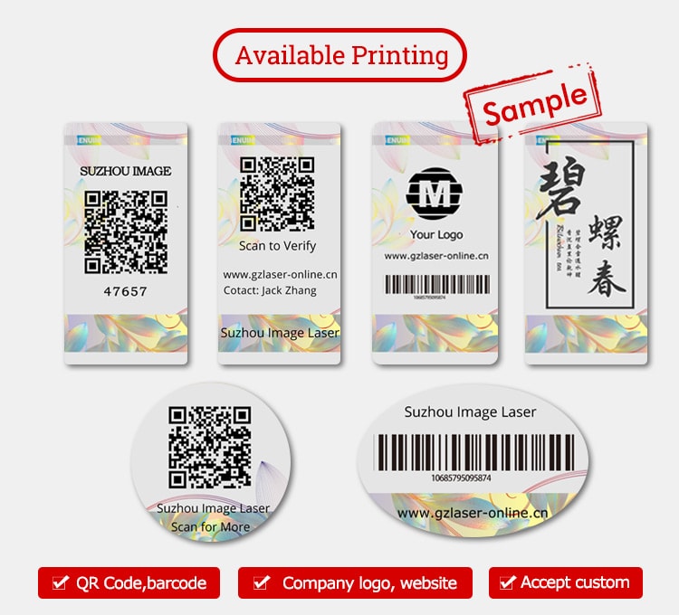 void security labels, printed with verification code, qr code, barcode and logos