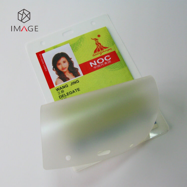 Hanging ID badge is inserted into custom hologram pouch