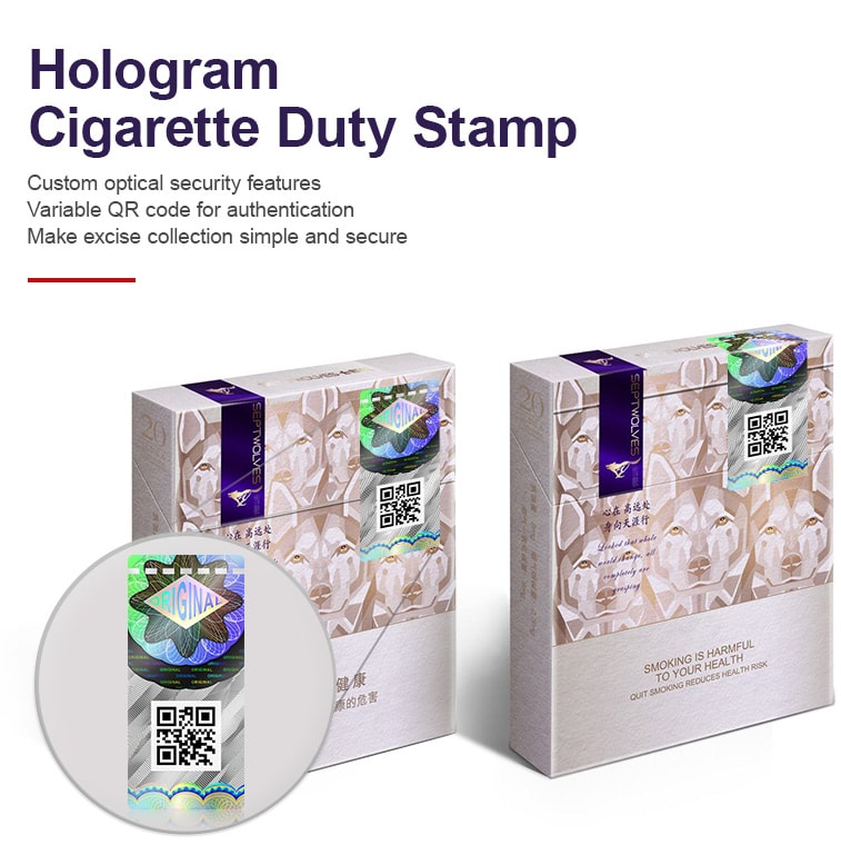 Hologram cigarette duty stamp for safety sealing application