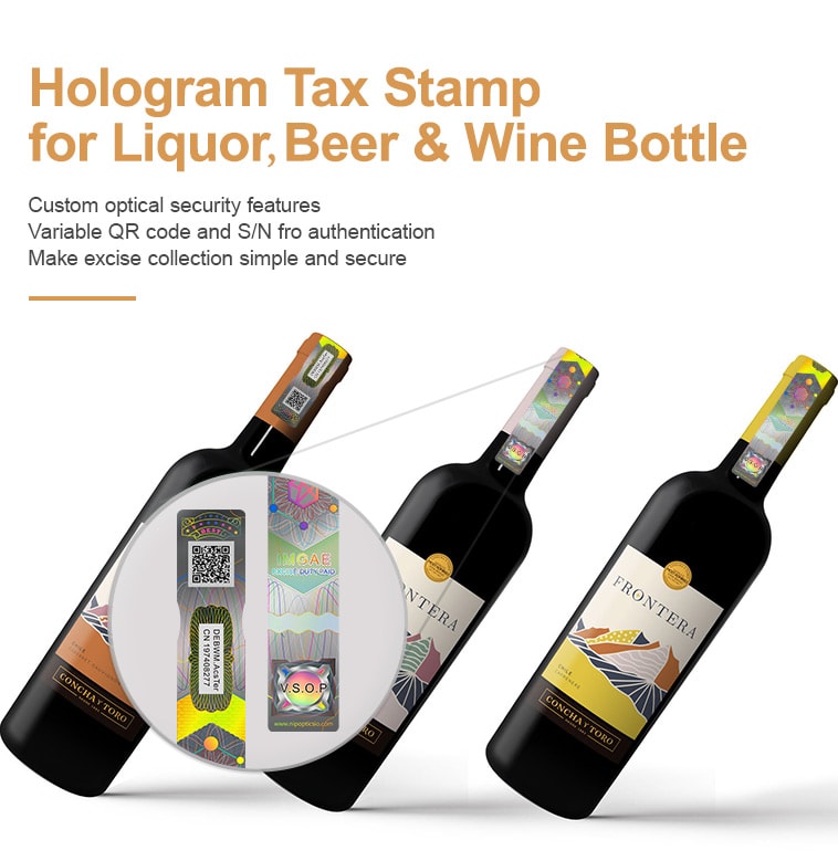 Holographic excise tax stamps for various alcoholic products such as beer, wine, liquor, etc