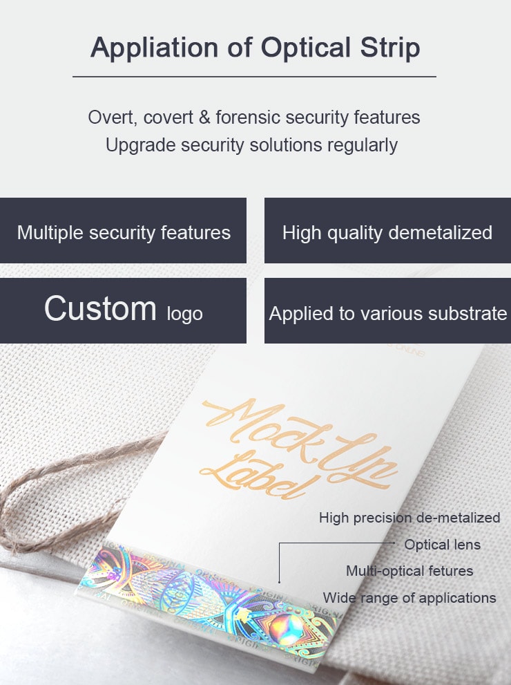 optical strip, hot stamped onto hang tags